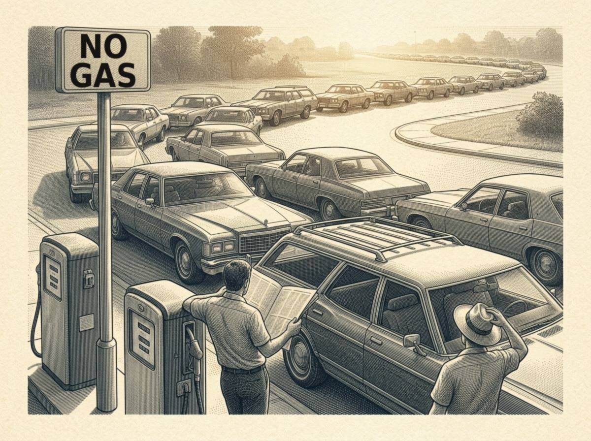 Engraving of a 1979 gas station with a sign reading NO GAS, two old pumps, and a line of large 1970s sedans and station wagons curling around the block while one driver reads a newspaper and another fans himself with his hat.