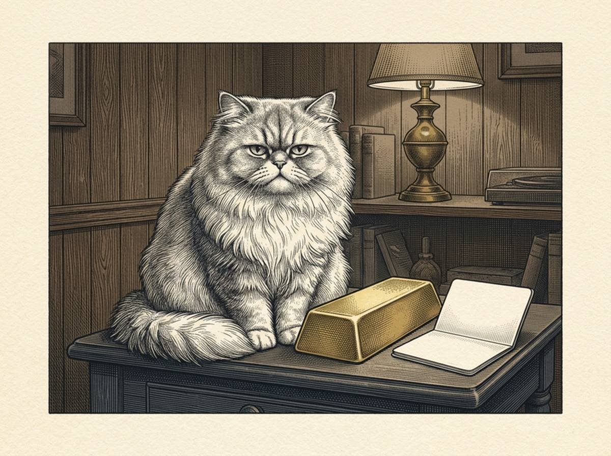 Engraving of a large fluffy cat sitting beside a gold bar and a blank savings passbook on a side table in a wood-paneled 1970s den, staring at the viewer with total indifference.