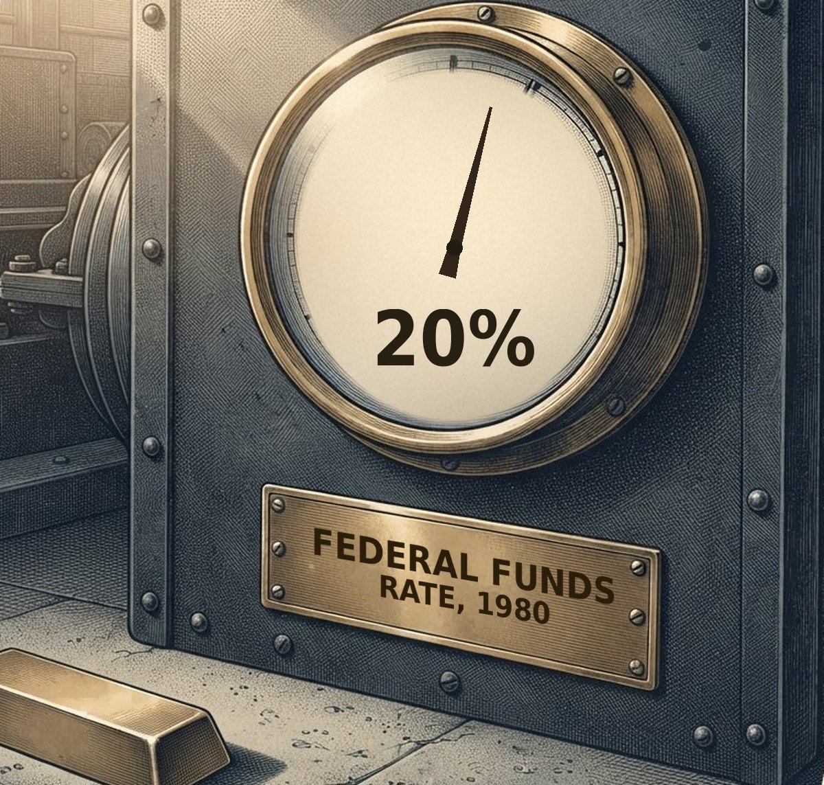 An engraving of a large industrial pressure gauge mounted on a riveted iron panel. The needle is swung hard over and pinned near the top of its travel, and the dial reads 20 percent. A brass nameplate screwed to the panel beneath it reads Federal Funds Rate, 1980. A single plain gold bar lies in shadow on the concrete floor below.