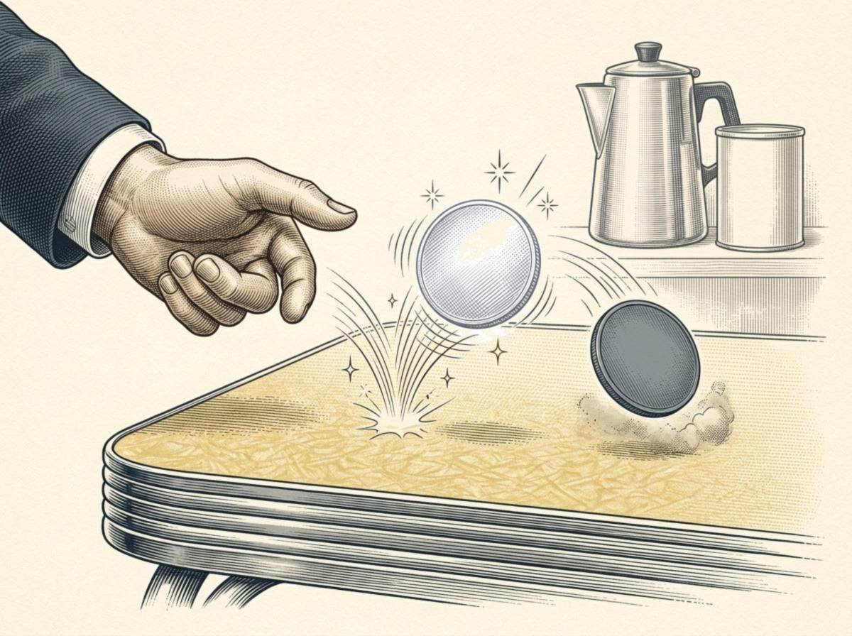 Engraving of a hand dropping two coins onto a yellow Formica kitchen table: a bright silver coin bounces with sparkles and ringing lines, while a dull gray coin lands flat in a puff of dust, a percolator and an empty coffee can in the background.