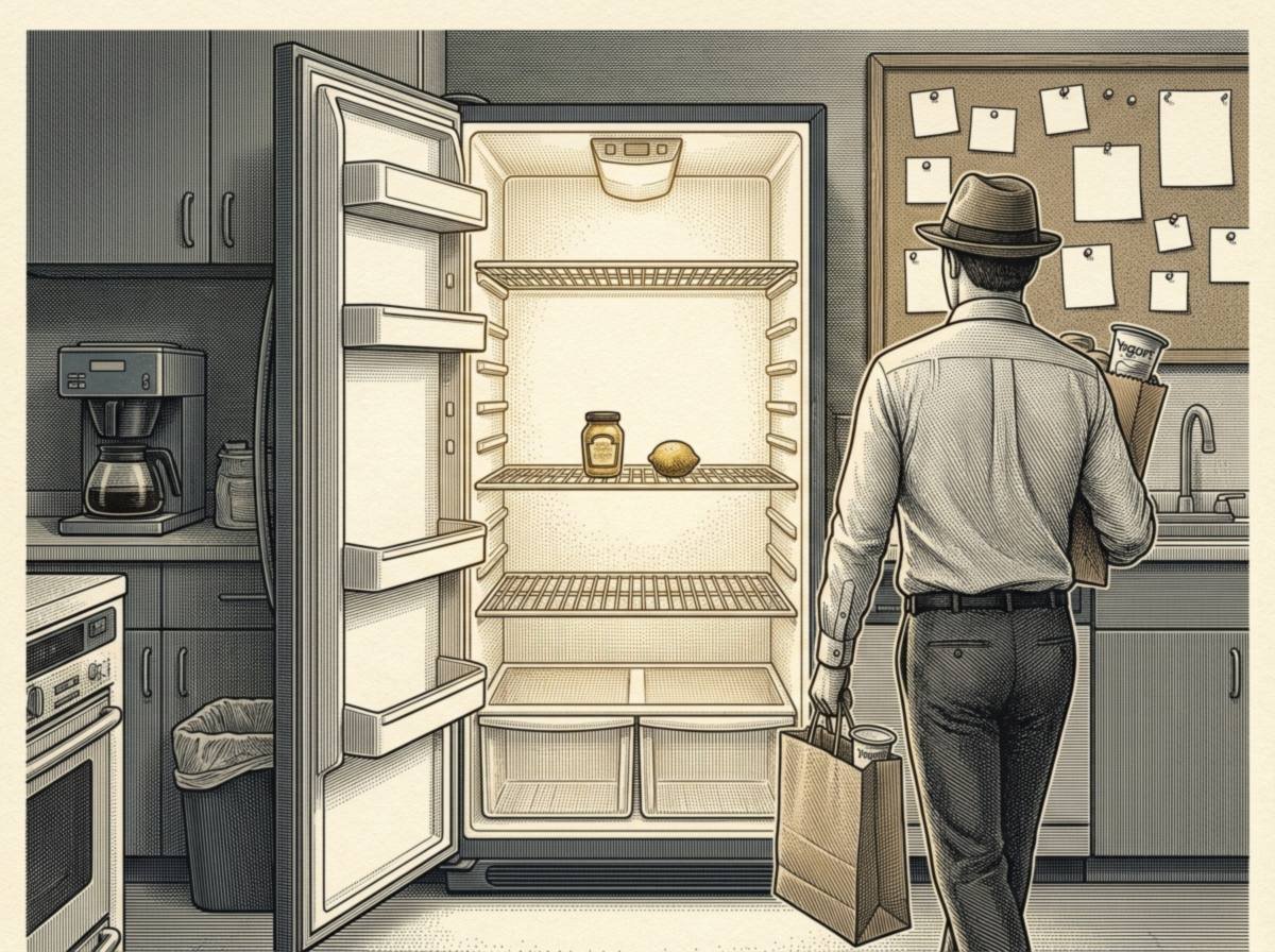 Engraving of an office refrigerator standing wide open with bare shelves except for one jar of mustard and a shriveled lemon, while an office worker walks away carrying a grocery bag with a yogurt cup on top.