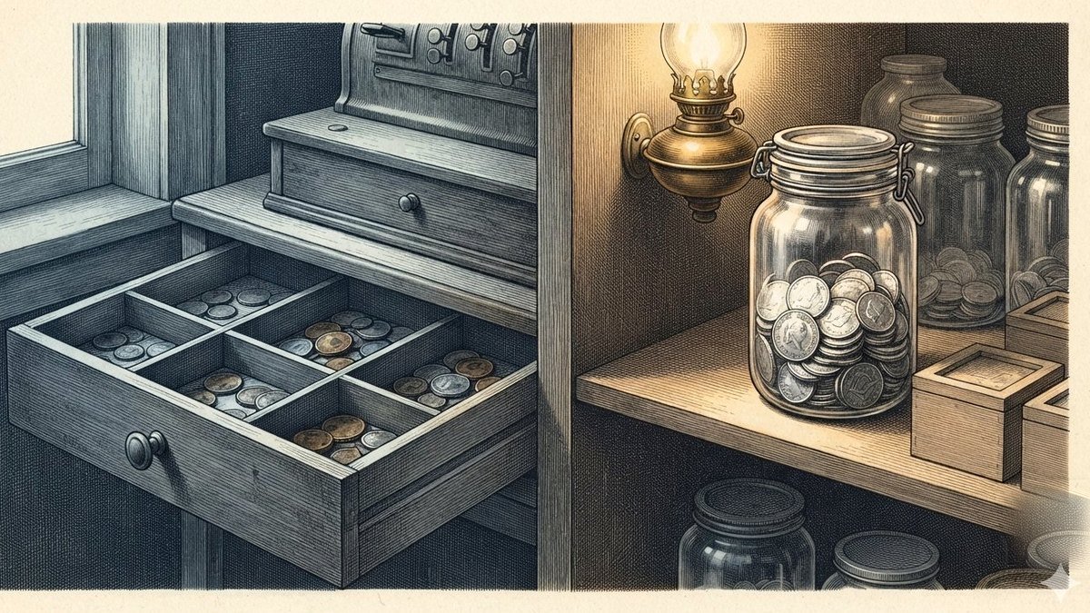 An engraving divided by light. On the left, the open drawer of an antique cash register holding dull, worn base-metal coins under cold daylight. On the right, a sealed glass jar packed with bright silver coins, pushed to the back of a shelf in warm lamplight.