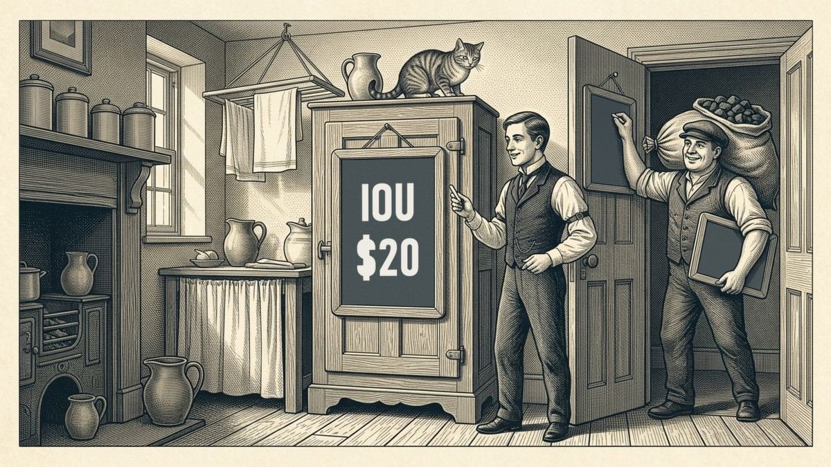 Engraving of a Victorian kitchen. A young lodger holding chalk stands beside an icebox with a slate on its door reading IOU $20, while a coal delivery man in the doorway carries off a second slate under his arm.
