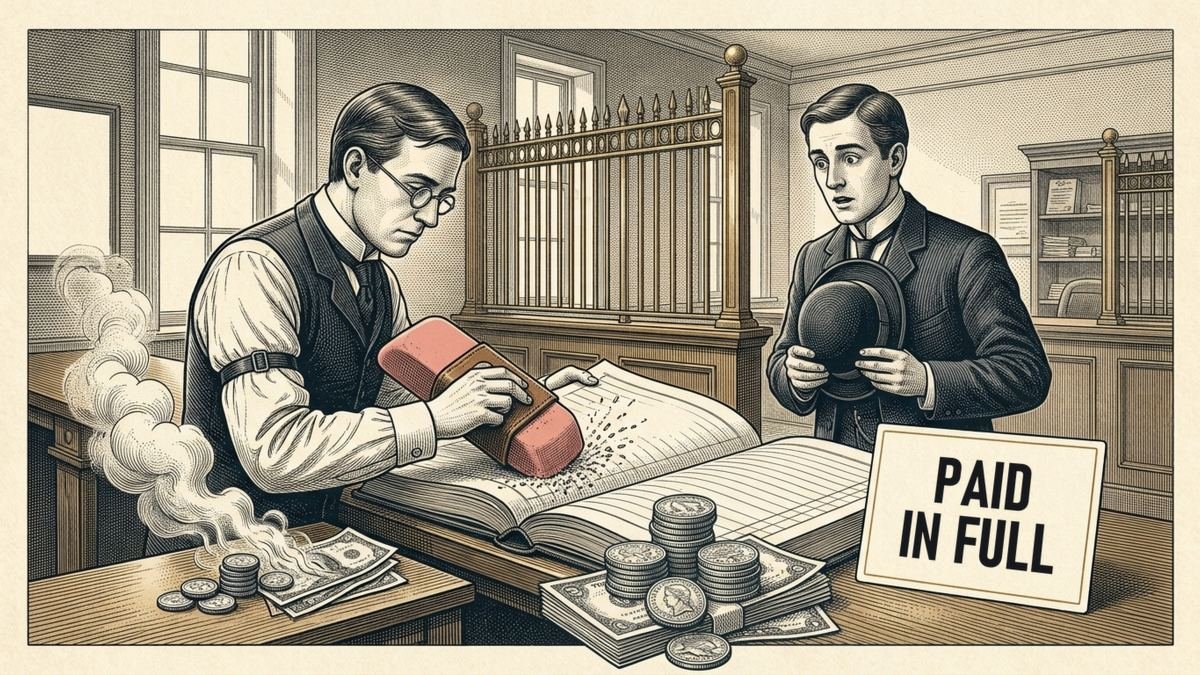 Engraving of a Victorian bank counter. A clerk in spectacles scrubs a line out of a large ledger with a huge pink eraser while coins and banknotes beside him vanish in a puff of smoke. A card on the counter reads PAID IN FULL, and a customer holding a bowler hat looks on.