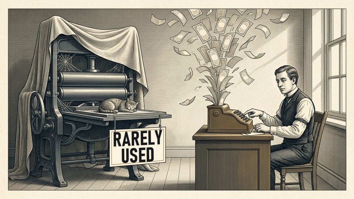 Engraving of a Victorian banking hall. On the left, a large money printer sits idle under a dust sheet, with cobwebs and a sleeping cat, and a card hung on it reads RARELY USED. On the right, a clerk presses one key on a desk machine and banknotes fountain out of it.