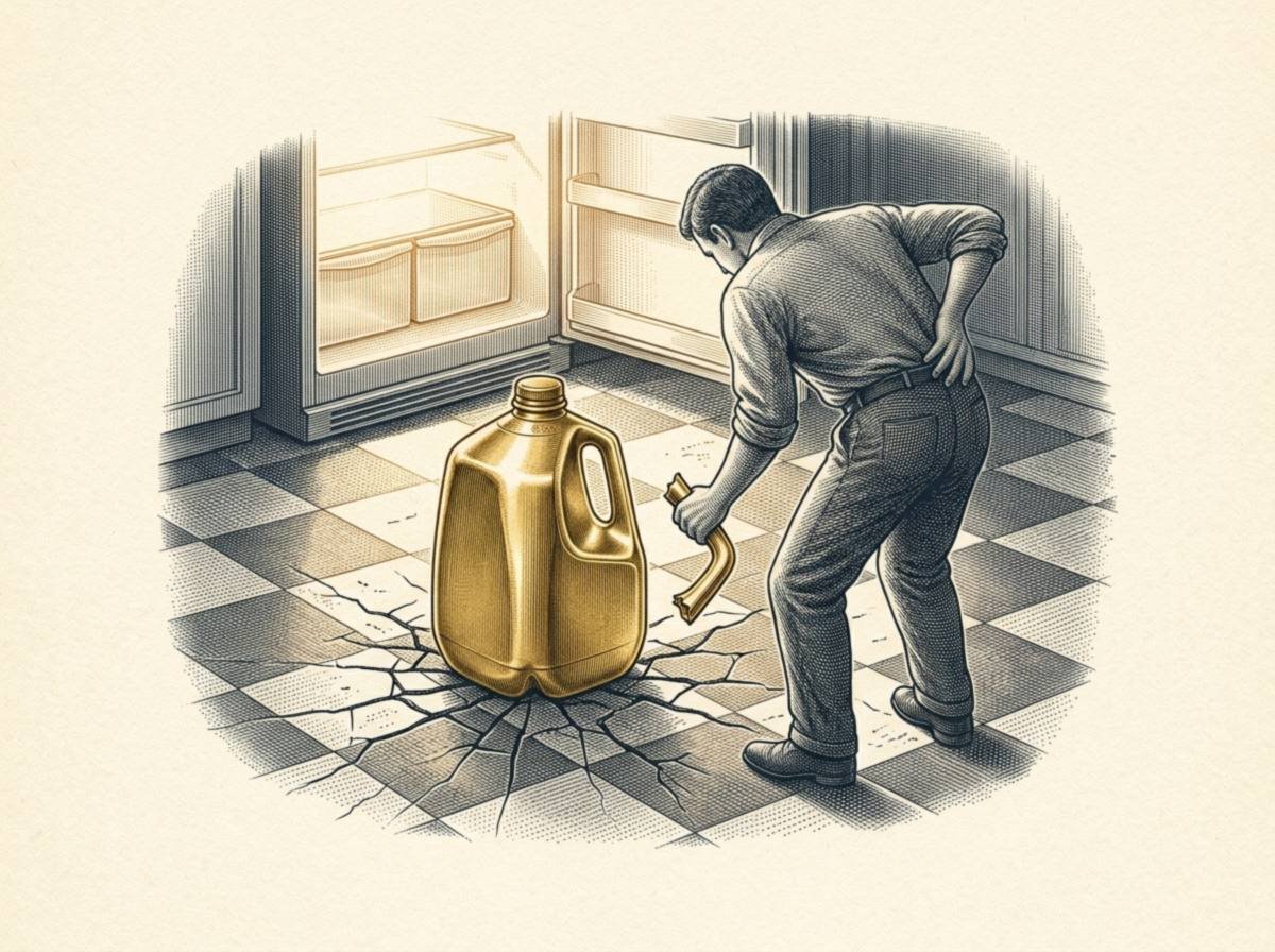 Engraving of a one-gallon milk jug made of solid gold sitting on a cracked checkered kitchen floor, its handle snapped off, while a man bent over beside it clutches his lower back and holds the broken handle.