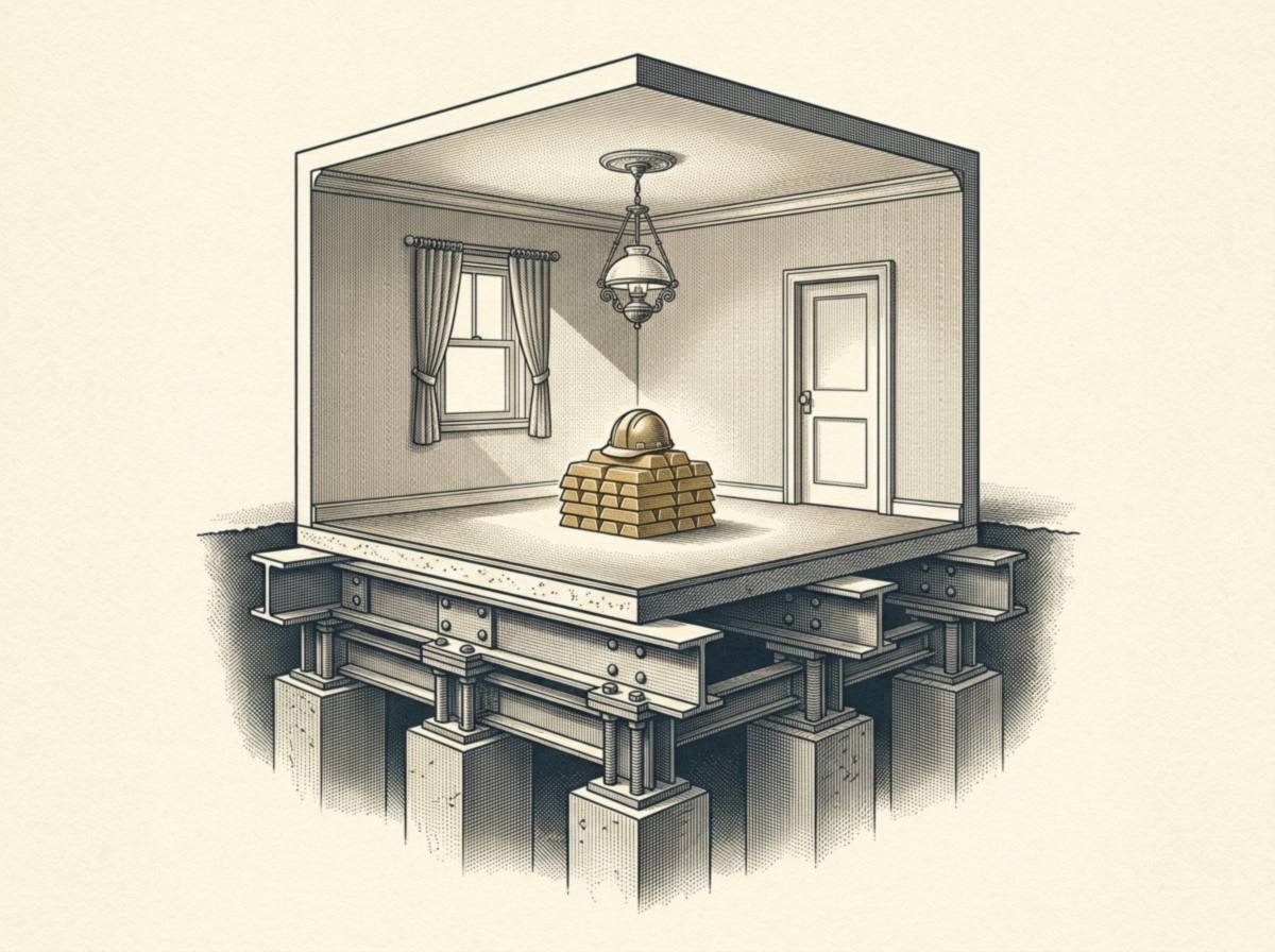 Engraving of a cutaway of an ordinary small room with a window, a door and a ceiling lamp, holding a waist-high stack of gold bars, the floor beneath supported by massive steel beams, bolts and concrete pillars.