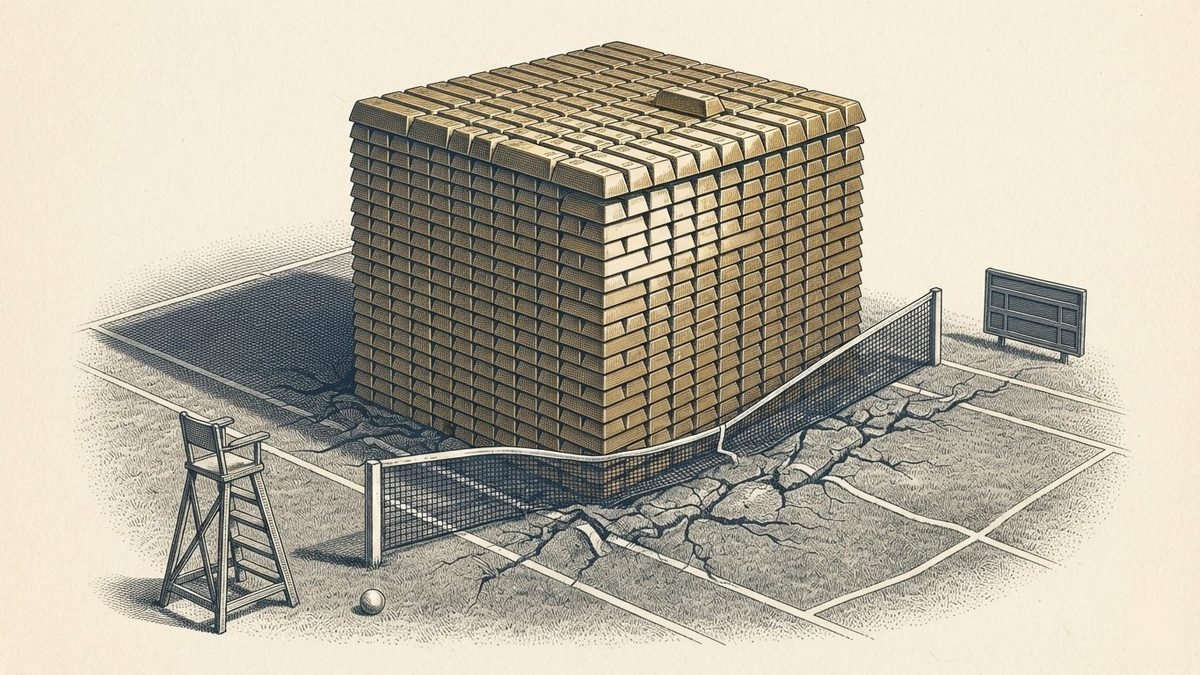 An engraving of a grass tennis court with a colossal cube of stacked gold bars sitting in the middle, wider than the court and many times taller than a person, with one extra bar resting on top. The net is crushed beneath it, the court has cracked and sunk around its base, and an empty umpire&rsquo;s chair, a tennis ball and a blank scoreboard stand nearby.