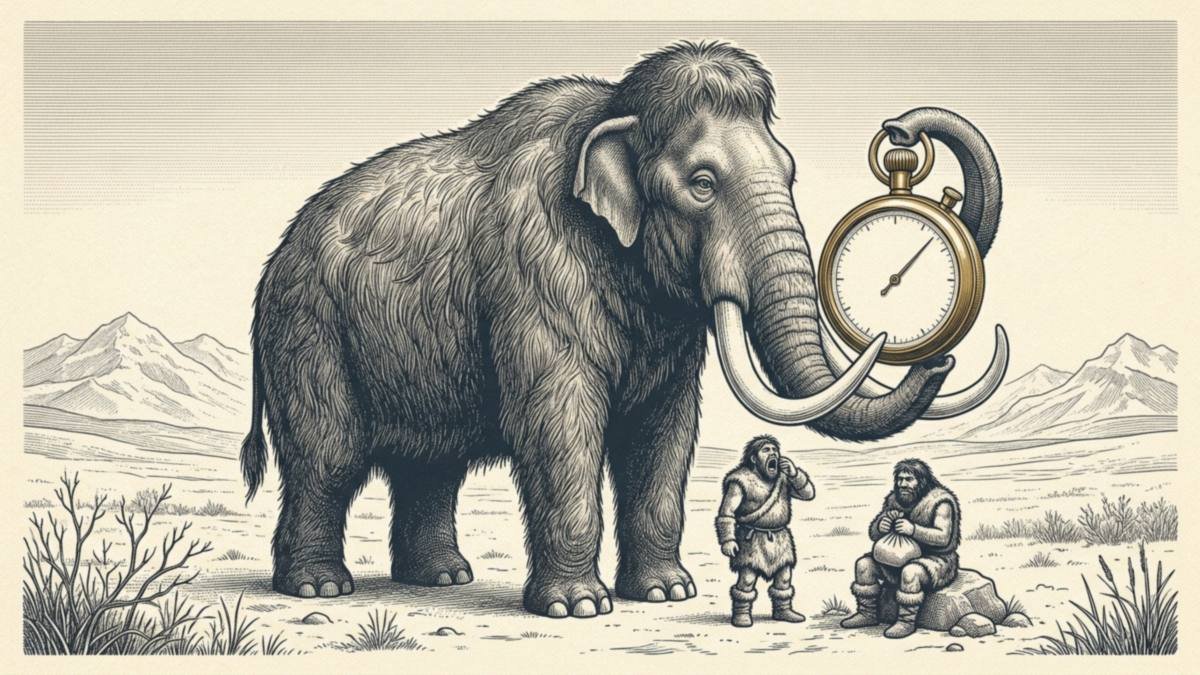 Engraving of a woolly mammoth holding a large gold pocket stopwatch in its trunk while one caveman yawns and another sits on a rock with a packed lunch.