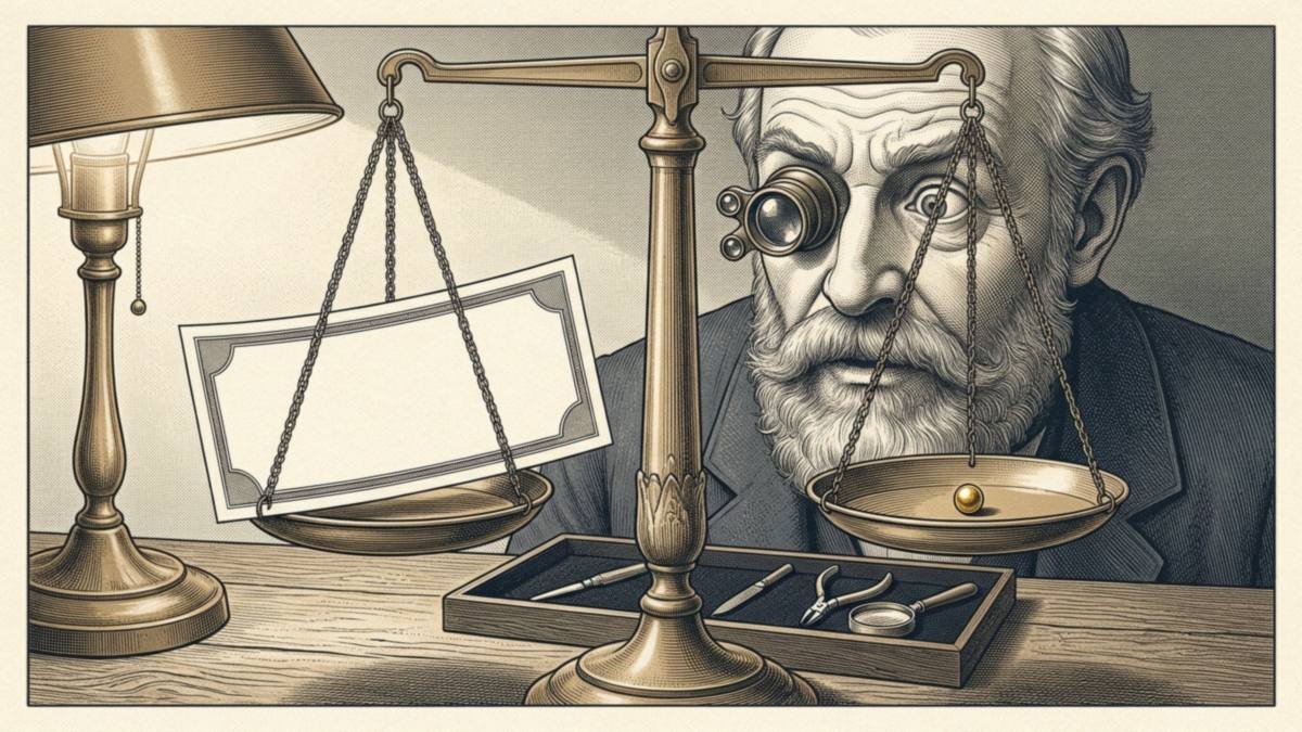 Engraving of an astonished jeweler with a loupe peering at a balance scale holding one banknote on one pan and a tiny gold bead on the other, perfectly level.