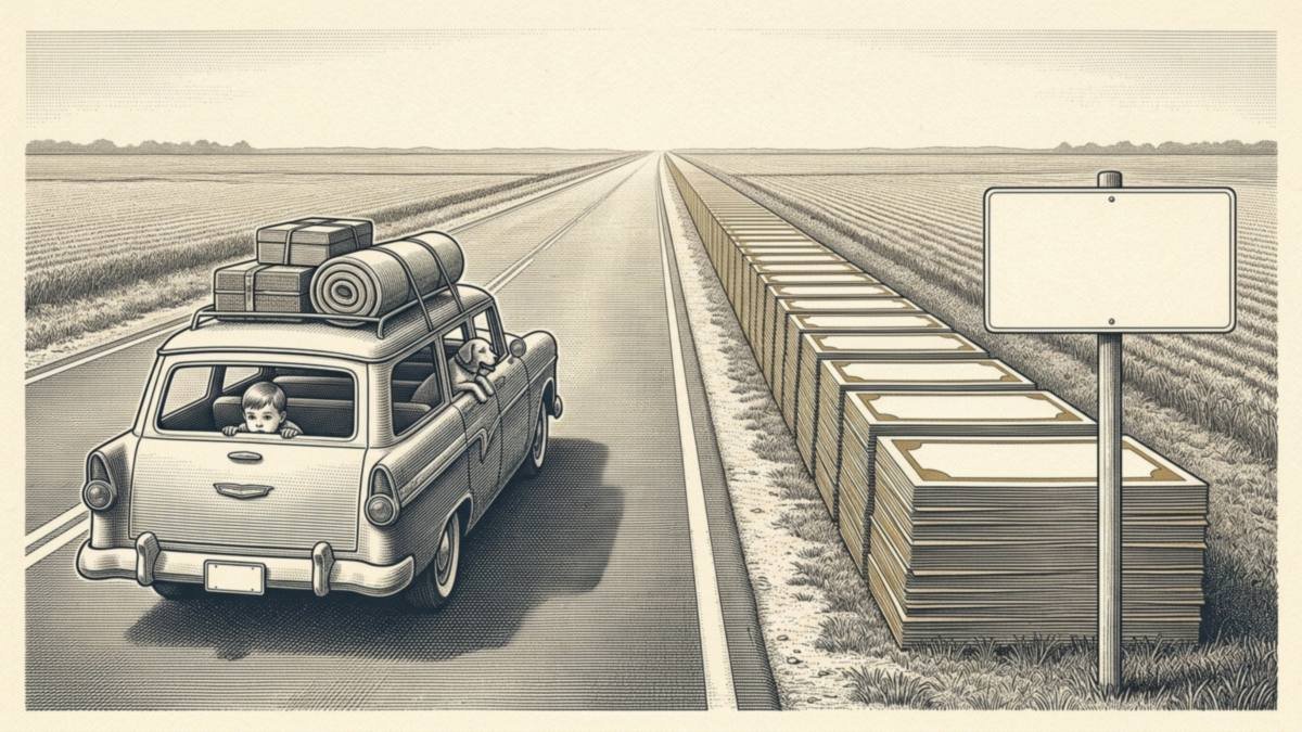 Engraving of a 1950s station wagon with luggage on the roof driving down a straight highway beside a waist-high stack of banknotes that runs all the way to the horizon.