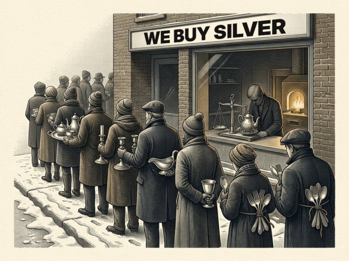 Engraving of a long line of people in winter coats outside a brick coin shop with a sign reading WE BUY SILVER, each holding family silver such as tea sets, candlesticks, a gravy boat and bundles of forks, while a man inside weighs a teapot beside a glowing furnace.