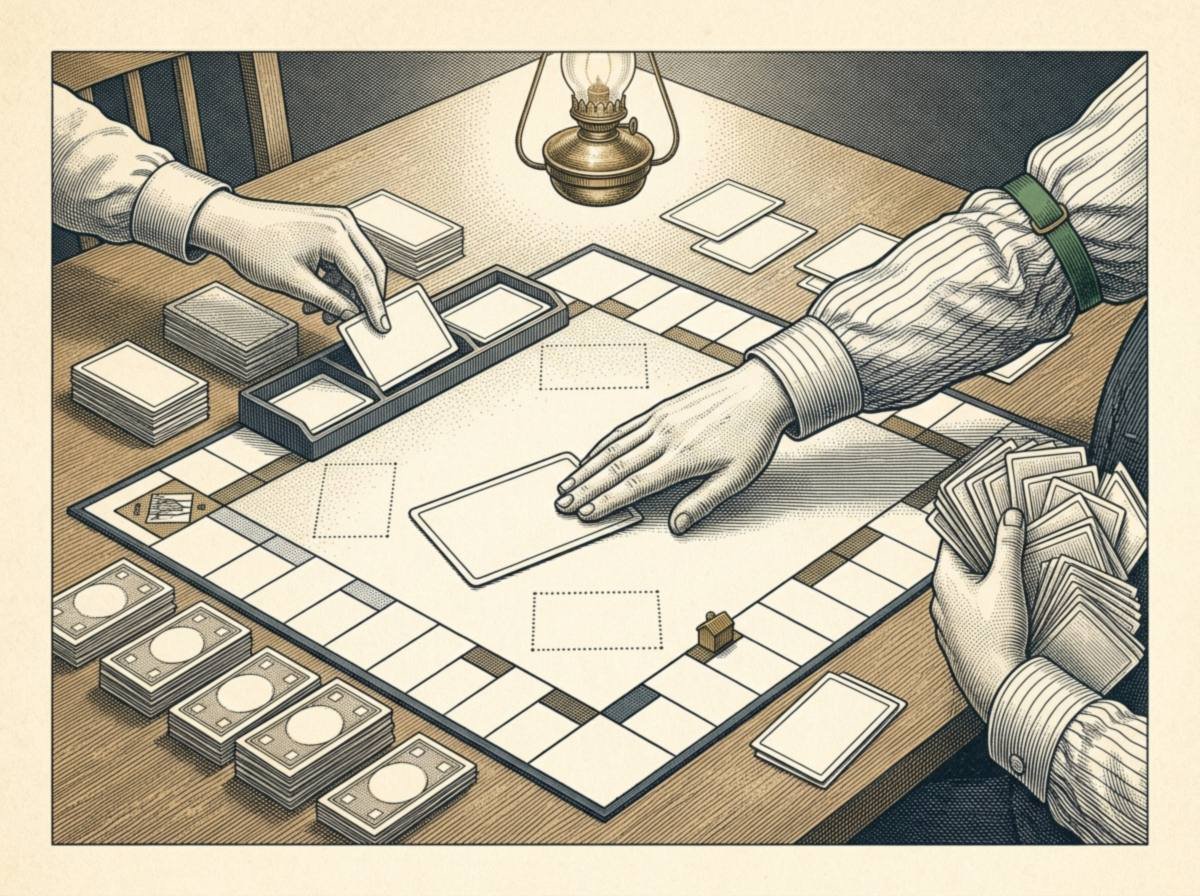 Engraving seen from above of a property-trading board game on a dining table, where one player's hand reaches to buy a card and a banker's pinstriped hand slaps a blank card down to block the purchase.