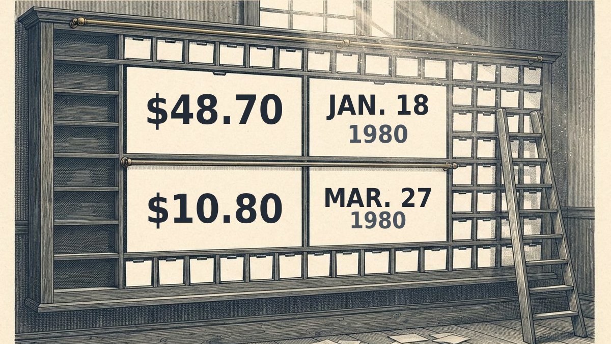 An engraving of a commodity exchange quotation board in a deserted trading room, its card slots bare and a ladder leaning against one end. Four panels carry the silver price: $48.70 on January 18, 1980, and $10.80 on March 27, 1980.
