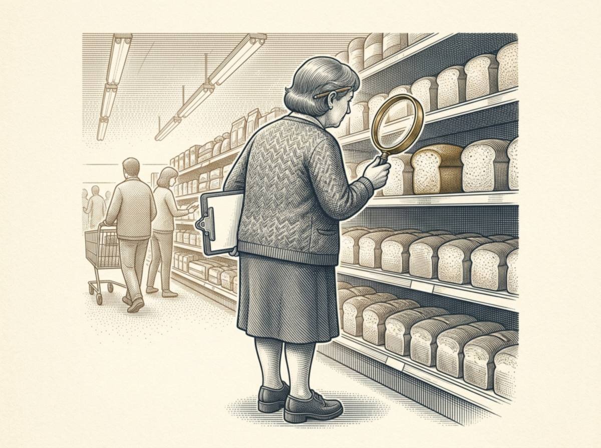 Engraving of a woman in a cardigan and sensible shoes, seen from behind in a supermarket bread aisle, studying one particular loaf through a large magnifying glass with a clipboard under her arm while shoppers pass by.