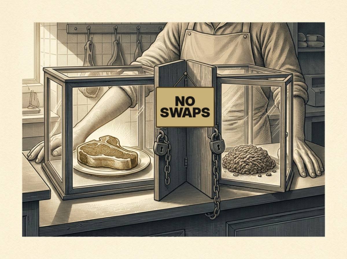 Engraving of a butcher counter with two separate glass cases divided by a wooden panel and each padlocked with chains, a thick steak on a plate in one and a pile of ground hamburger in the other, with a brass sign between them reading NO SWAPS.