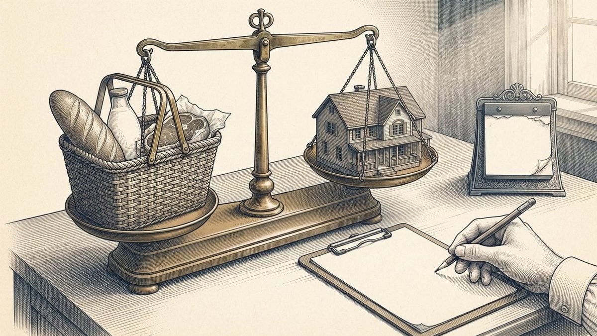 An engraving of a brass balance scale on a clerk&rsquo;s desk. A wicker basket holding bread, a bottle of milk and a wrapped steak sits on one pan, and a model house sits on the other; the scale tips toward the groceries. A clerk&rsquo;s hand writes on a blank clipboard, and a desk calendar by the window has a page torn off.
