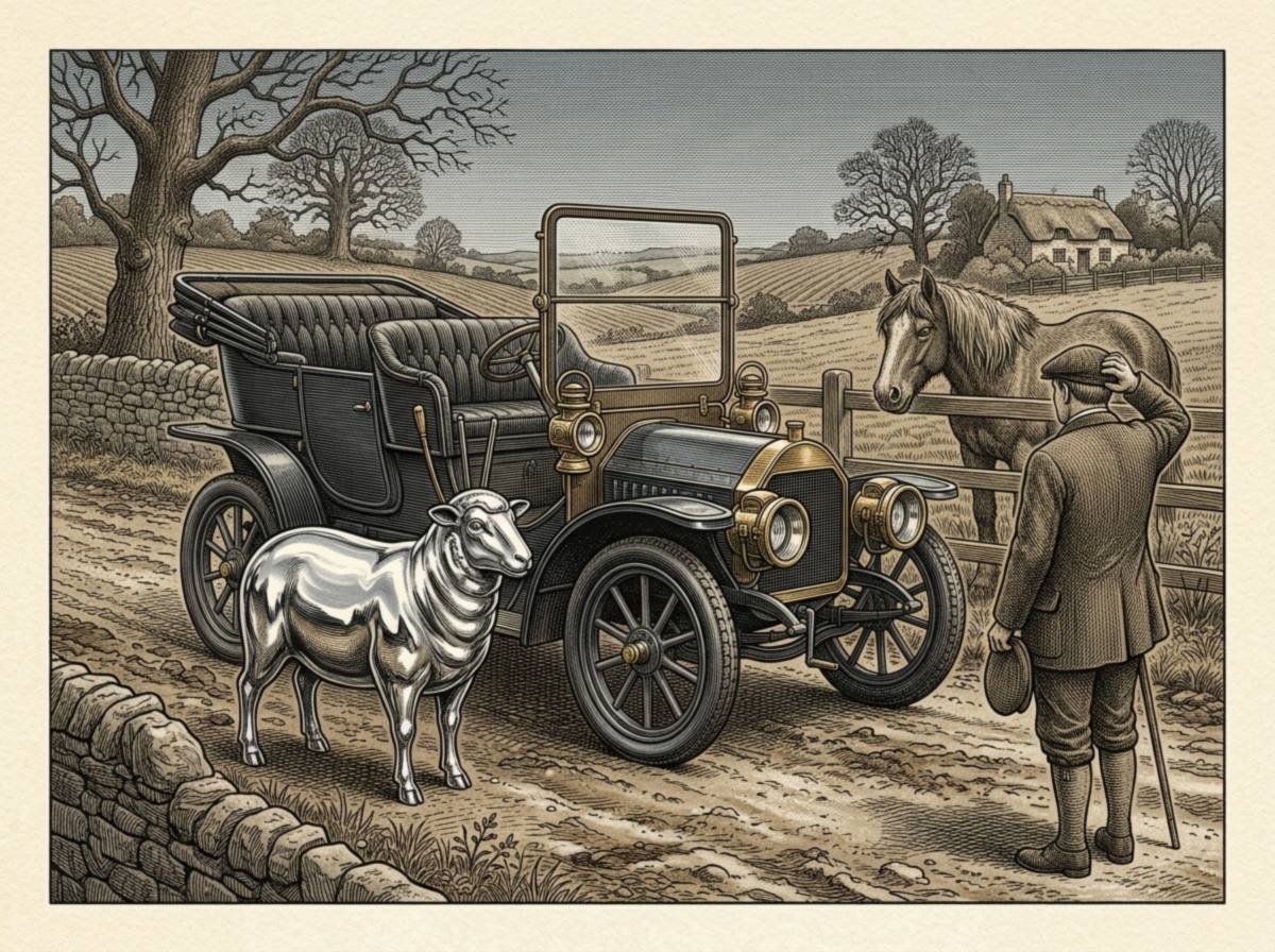 Engraving of a 1908 country road where a tall early black motorcar stands beside a full-size sheep made of gleaming solid silver, while a farmer scratches his head and a horse looks on suspiciously over a fence.
