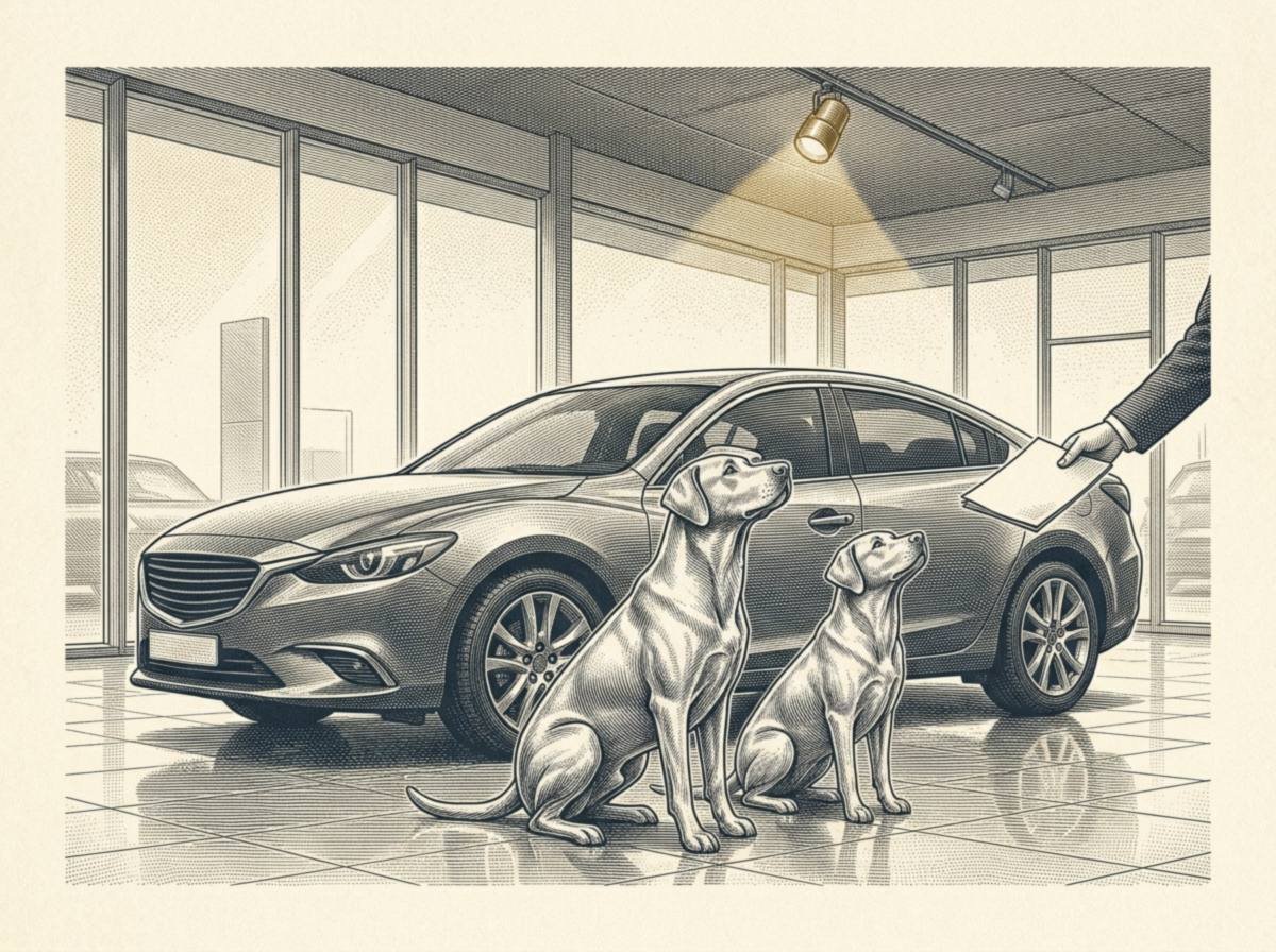 Engraving of a modern car dealership showroom with a sleek sedan, and two dogs made of solid silver, one large and one medium, sitting politely beside it while a salesperson's hand offers a brochure.