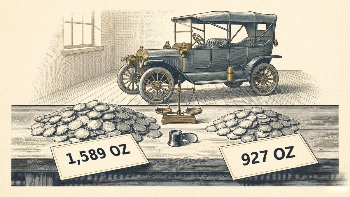 An engraving of an early open touring car standing in a workshop, with a plank bench across the foreground carrying two heaps of loose silver coins. The left heap is clearly the bigger of the two. A card propped in front of each reads 1,589 oz and 927 oz, and a small brass balance stands between them.