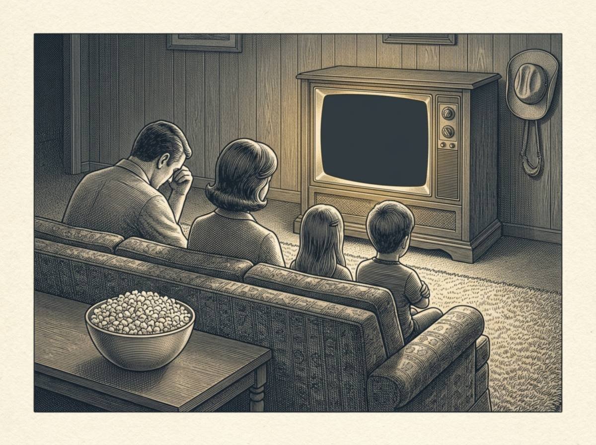 Engraving of a 1971 wood-paneled living room at night: a family seen from behind slumps on the sofa facing a console television, a bowl of popcorn sits untouched on the coffee table, and a cowboy hat hangs on a hook beside the TV.