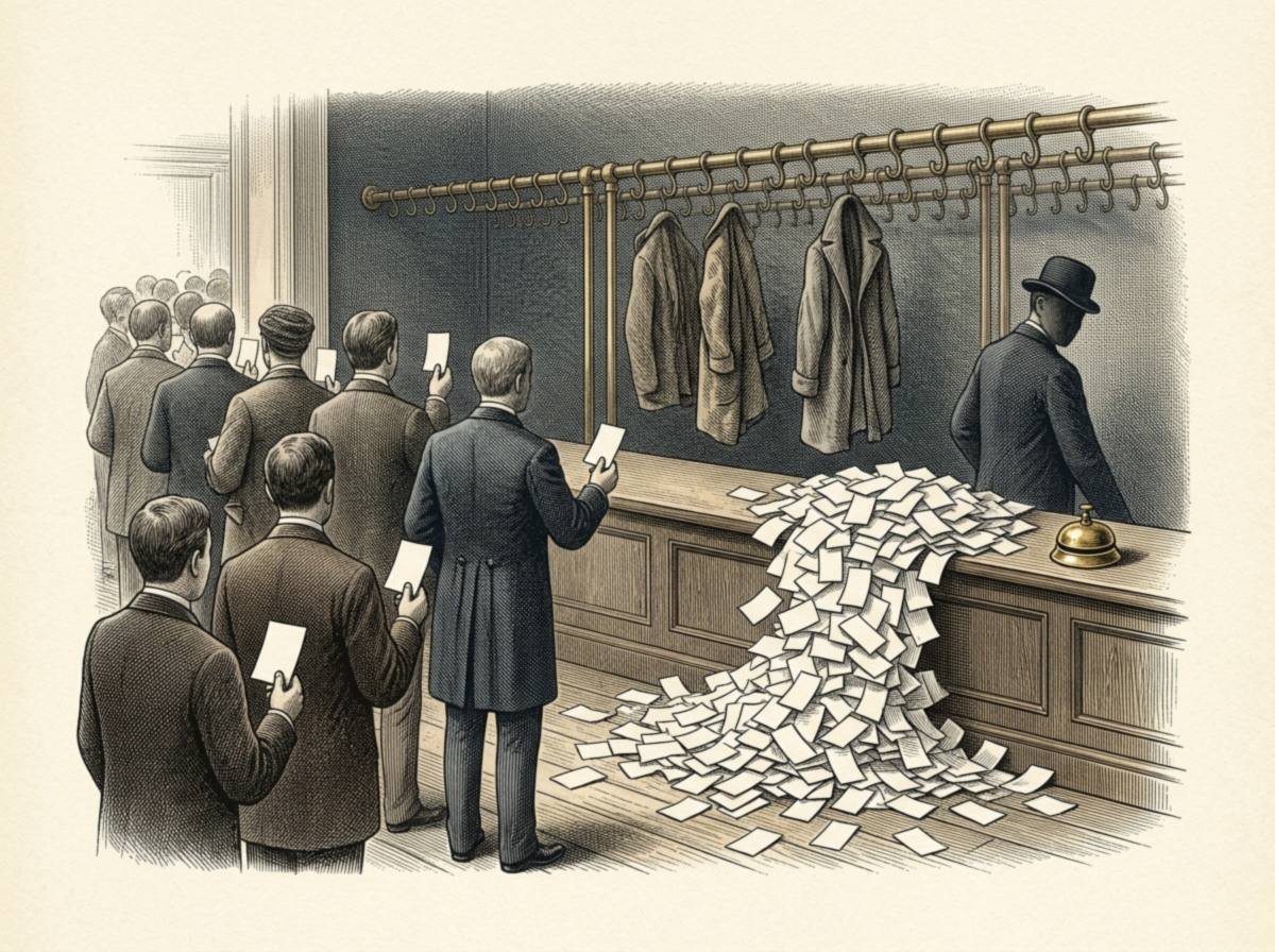 Engraving of a grand hotel cloakroom where a huge heap of claim tickets spills across the counter and onto the floor, a line of well-dressed customers holds up more tickets, and the long coat rail behind the nervous attendant holds only three coats.