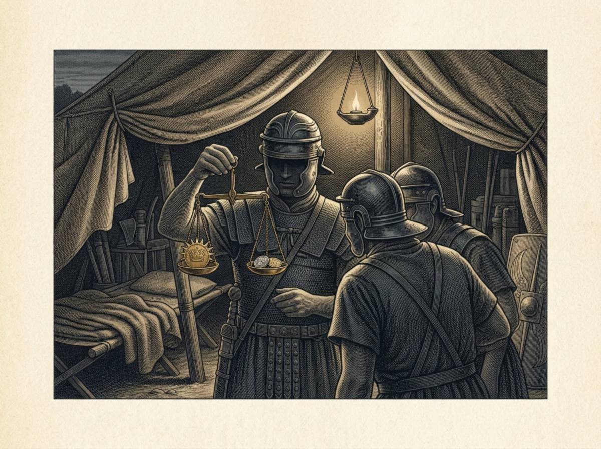 Engraving of Roman legionaries in a lamp-lit army tent, one holding up a small hand balance that compares one large new coin with two smaller old silver coins while two comrades lean in to watch.