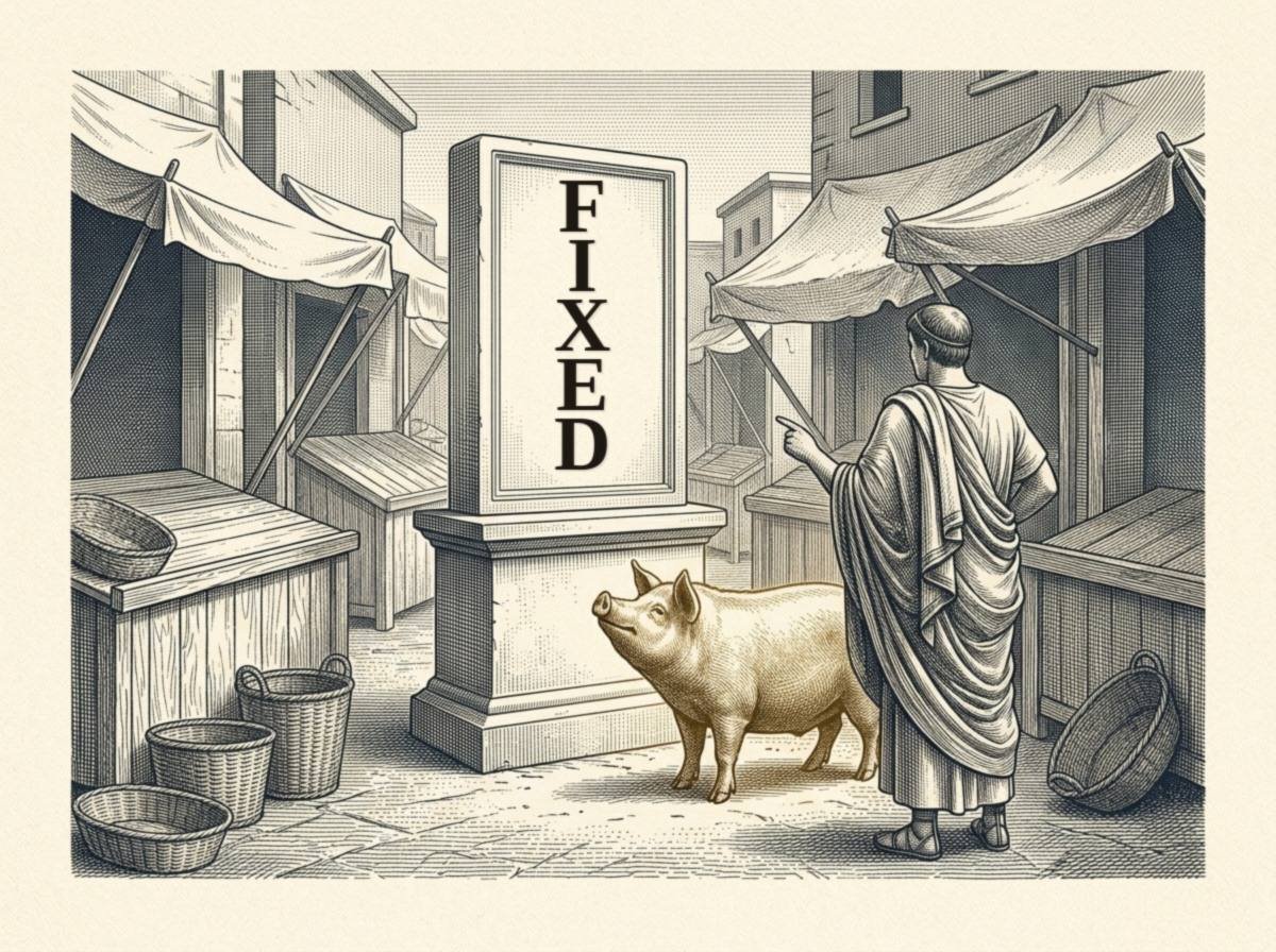 Engraving of an empty Roman marketplace where a stone tablet carved with the word FIXED stands on a plinth, a plump pig gazes up at it unimpressed, and a toga-clad official points sternly at the tablet.