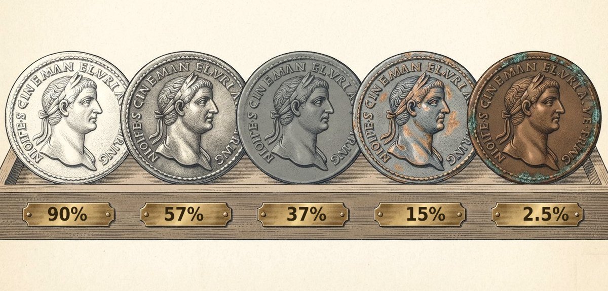 Five identical Roman coins in a museum tray, engraved. Left to right they change from bright silver to gray to green-flecked bronze, and the brass plaque under each one reads 90%, 57%, 37%, 15% and 2.5%.
