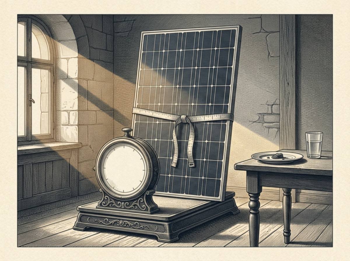 Engraving of a door-sized solar panel with a grid of thin silver lines standing on an old bathroom scale with a tape measure around its middle, beside a small table holding a tiny portion of food on a plate and a glass of water.