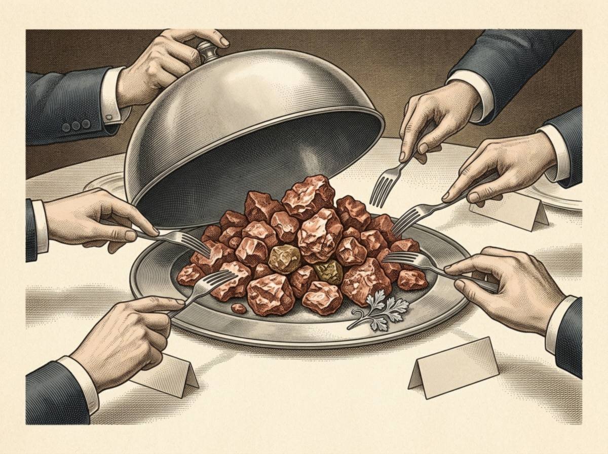 Engraving of a boardroom banquet where a silver dome is lifted from a platter heaped with copper ore nuggets, hands in suit cuffs reaching in with forks, and a tiny sprig of silver garnish left untouched at the edge.