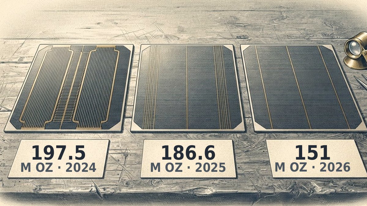An engraving of three solar photovoltaic cells laid out on a workbench beside a loupe and tweezers. The printed silver conductor lines grow visibly thinner and sparser from left to right, and a card under each cell reads 197.5, 186.6 and 151 million ounces for 2024, 2025 and 2026.