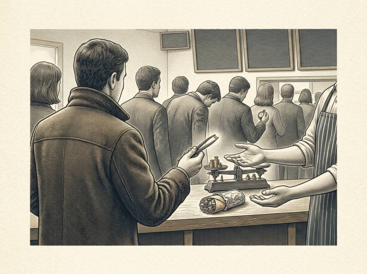 Engraving of a man at a burrito counter holding out tweezers to a cashier, with a laboratory balance scale and a foil-wrapped burrito on the counter and a long line of impatient customers behind him.