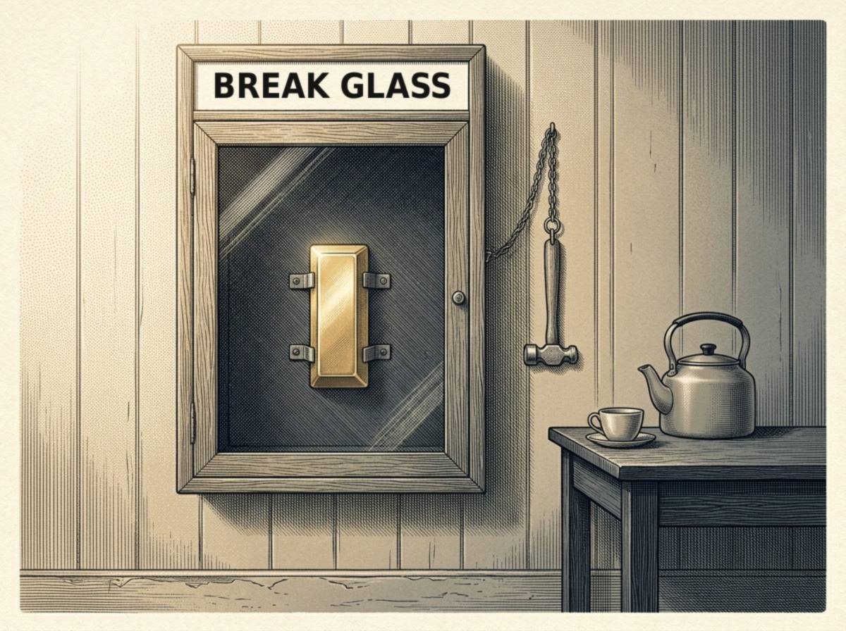Engraving of a glass-fronted emergency cabinet labeled BREAK GLASS holding a single gold bar instead of a fire extinguisher, with a small hammer on a chain beside it and a teakettle on a nearby table.