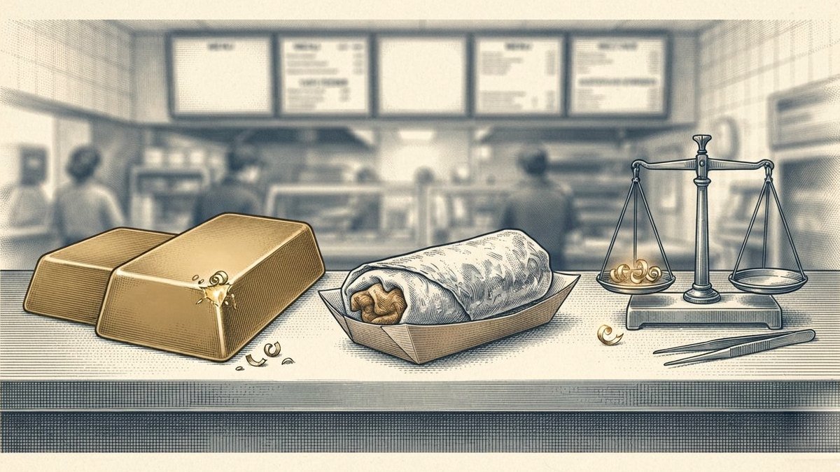 A fast-food counter, engraved, holding two plain unmarked gold bars, a foil-wrapped burrito on a paper tray, and a jeweler’s balance with tweezers beside it and a few curls of gold shaved from the corner of one bar.