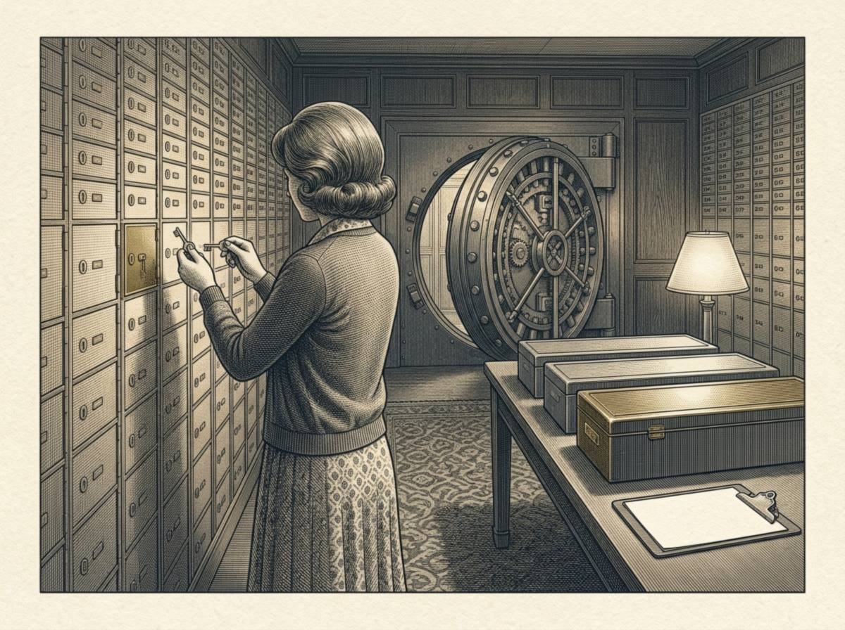 Engraving of a 1970s bank vault room with a wall of small brass safe-deposit doors and a massive round vault door, where a clerk in a cardigan, seen from behind, fits two keys into a box beside a table holding three long metal boxes.