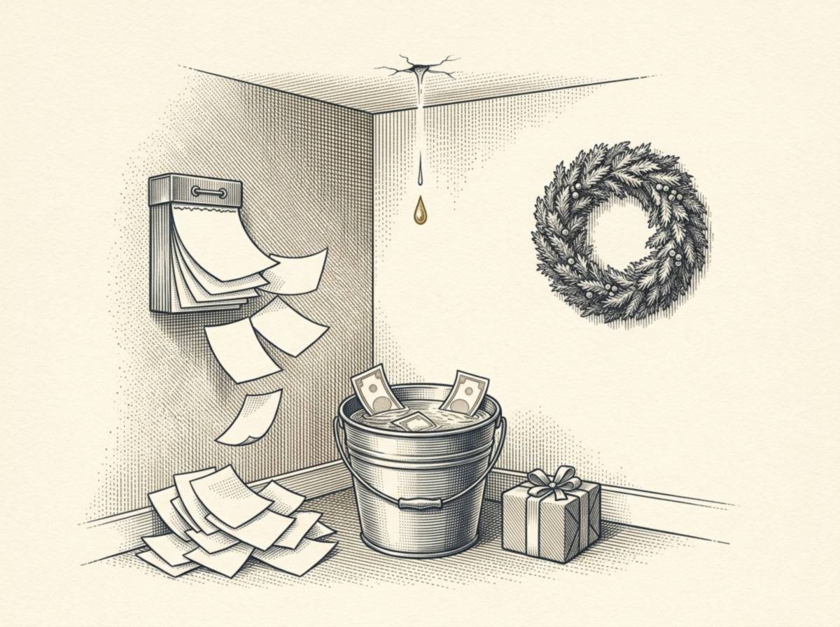 Engraving of a living room corner where a single drop of water falls from a ceiling crack into a metal bucket holding soggy paper money, while blank pages fly off a tear-off calendar and a holiday wreath and wrapped present sit nearby.