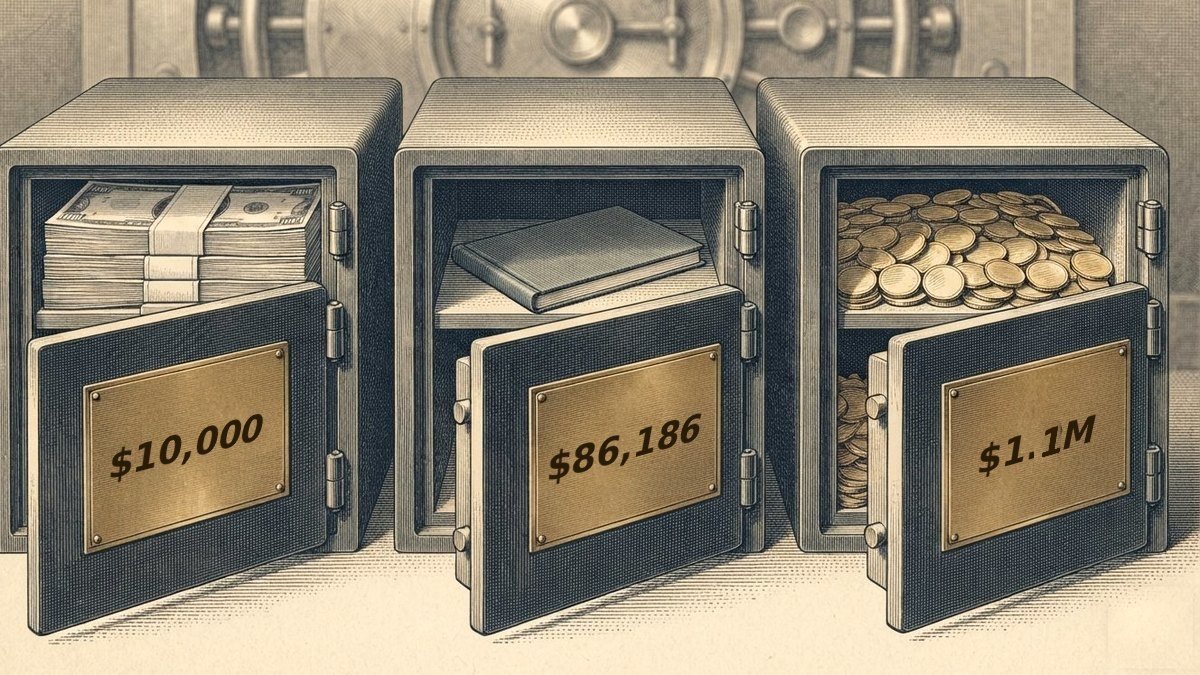 An engraving of three heavy safe deposit boxes standing open side by side in front of the door of a bank vault. The left box is packed with bundles of plain unmarked banknotes, the middle one holds a single cloth-bound passbook on an otherwise empty shelf, and the right one is filled to the brim with loose gold coins. A polished brass plate on each door reads, in order, $10,000, $86,186 and $1.1M.