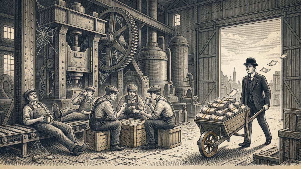 Engraving of factory workers in caps playing cards on a crate beside cold, cobwebbed machines while a clerk in a bowler hat wheels in a wheelbarrow piled with bundles of banknotes.