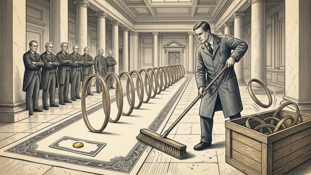 Engraving of a janitor in a bank hall sweeping a long row of large hoops off a giant banknote into a wooden crate while a line of bank officials watches with folded arms.