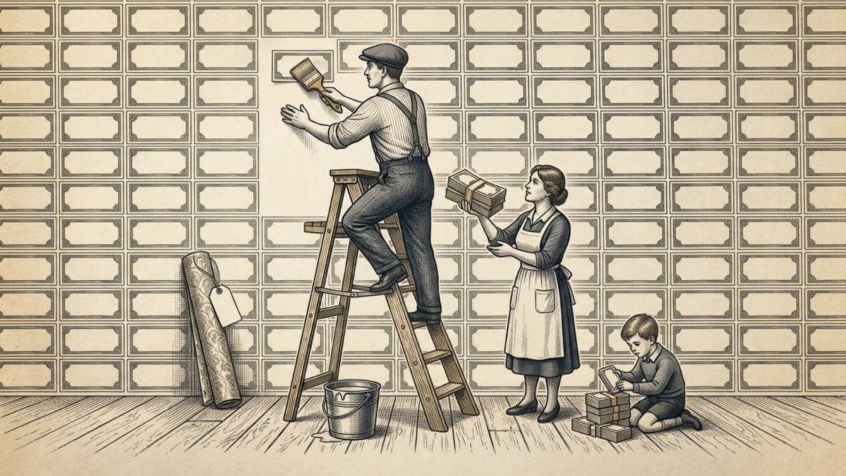 Engraving of a man on a stepladder pasting banknotes onto a parlor wall as wallpaper while his wife hands him another bundle and their son builds a tower of notes on the floor.