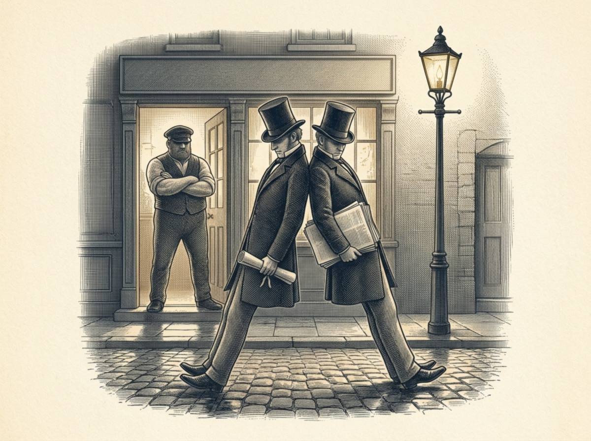 Engraving of two top-hatted gentlemen leaning against each other on a wet cobbled street at night under a gas lamp, one holding a rolled document and the other a bundle of papers, while a burly bouncer watches from a lit pub doorway.