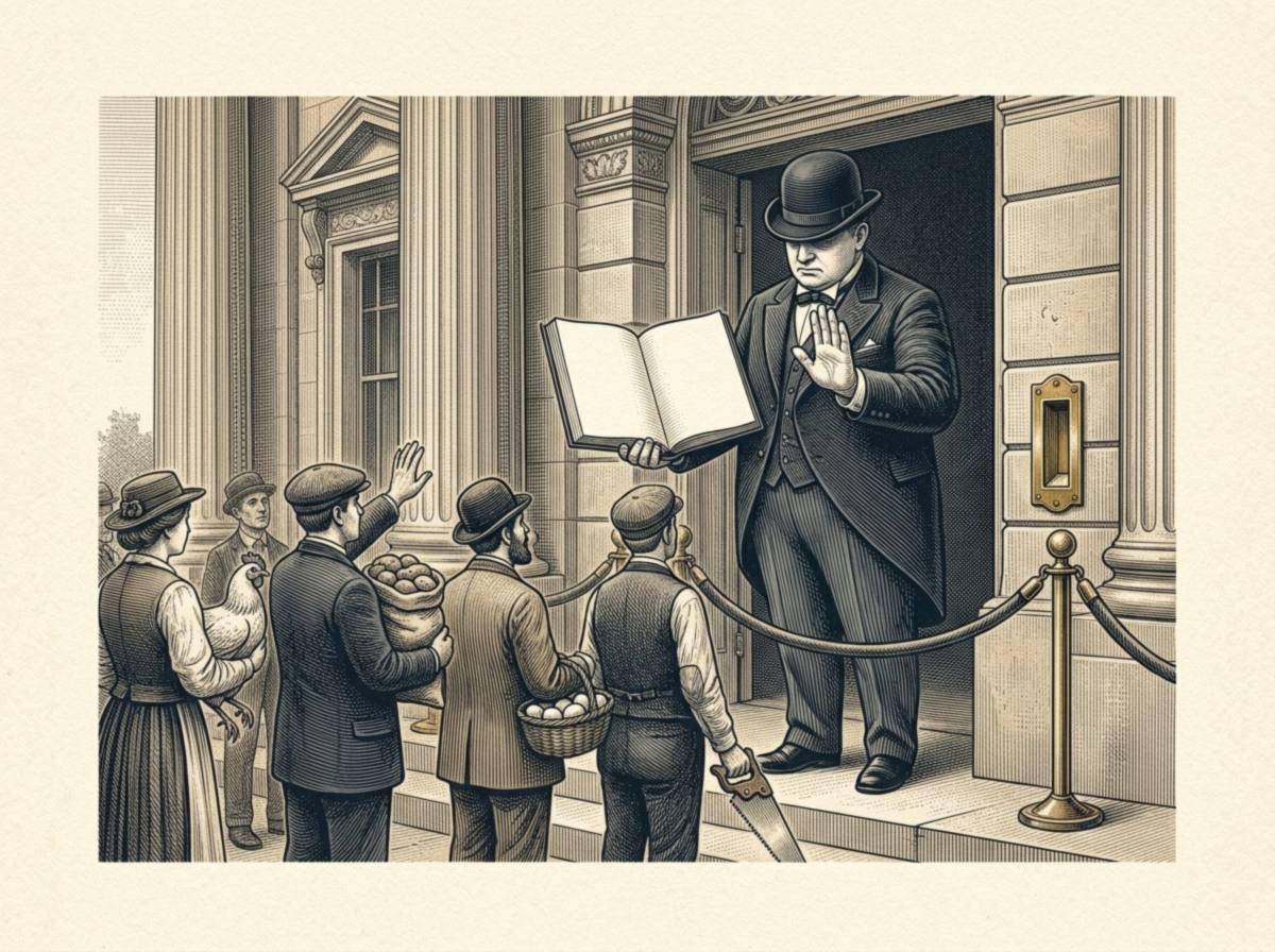 Engraving of an enormous doorman in a bowler hat behind a velvet rope at a government building, holding an open ledger and raising his palm to turn away citizens offering a chicken, a sack of potatoes, a basket of eggs and a saw.