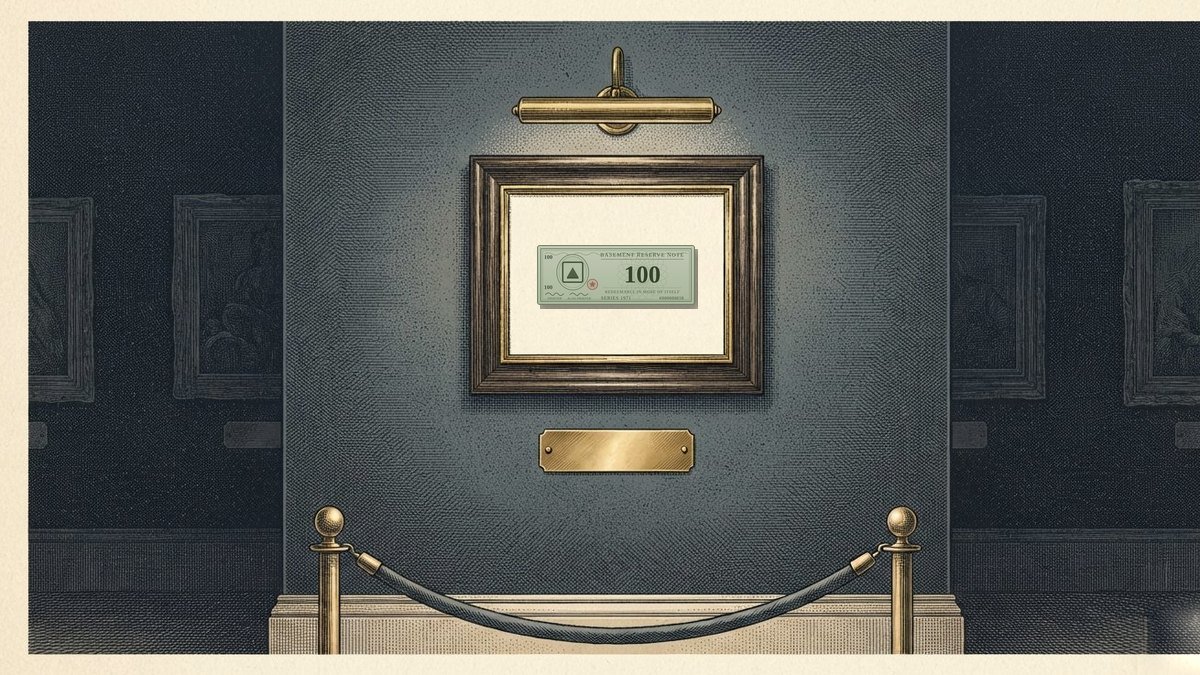 A dim museum gallery, engraved. One banknote hangs framed and matted under a brass picture light behind a velvet rope — a Basement Reserve Note, denomination 100, motto “redeemable in more of itself”. The brass plaque beneath it has been left completely blank.
