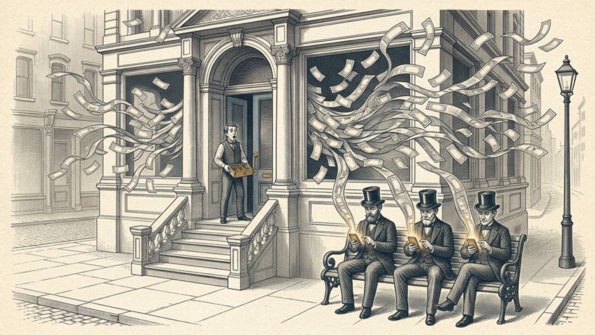 Engraving of banknotes streaming out of a bank&rsquo;s windows like a flock of birds into the phones of three men on a bench, while a clerk stands in the doorway holding an empty cash drawer.