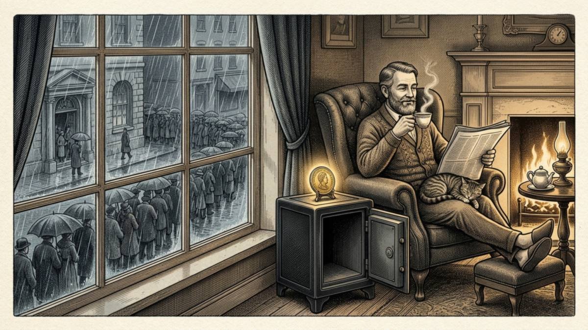 Engraving of a man in an armchair by the fire with a cup of tea, a cat on his lap and a small open safe holding one gold coin, while a bank queue waits in the rain outside the window.