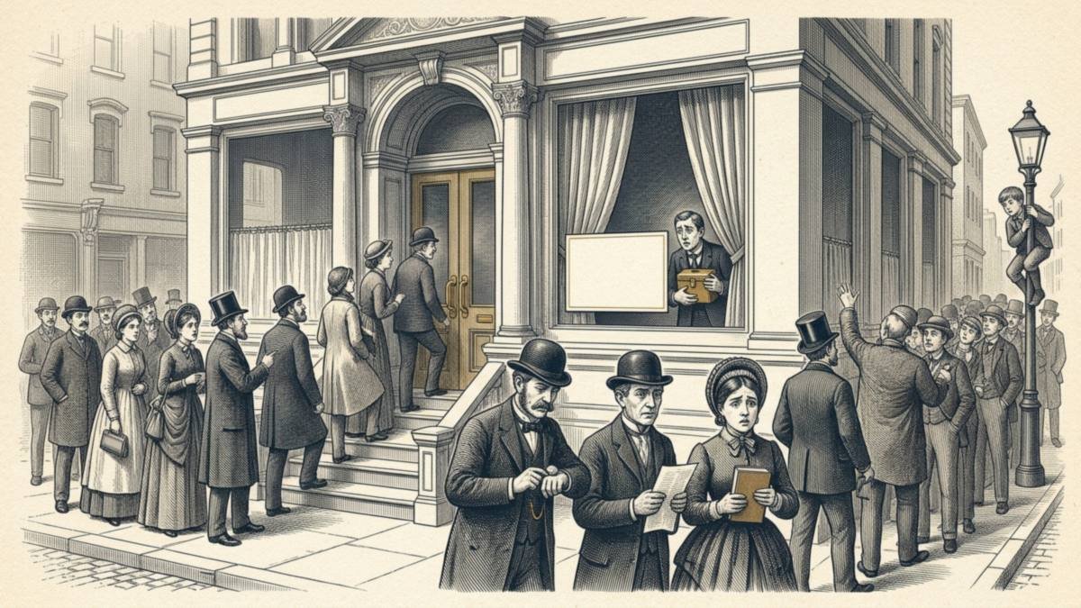Engraving of a long queue of Victorian depositors winding out of a bank and down the street while a nervous clerk peeks out of the front window holding a small cash box.