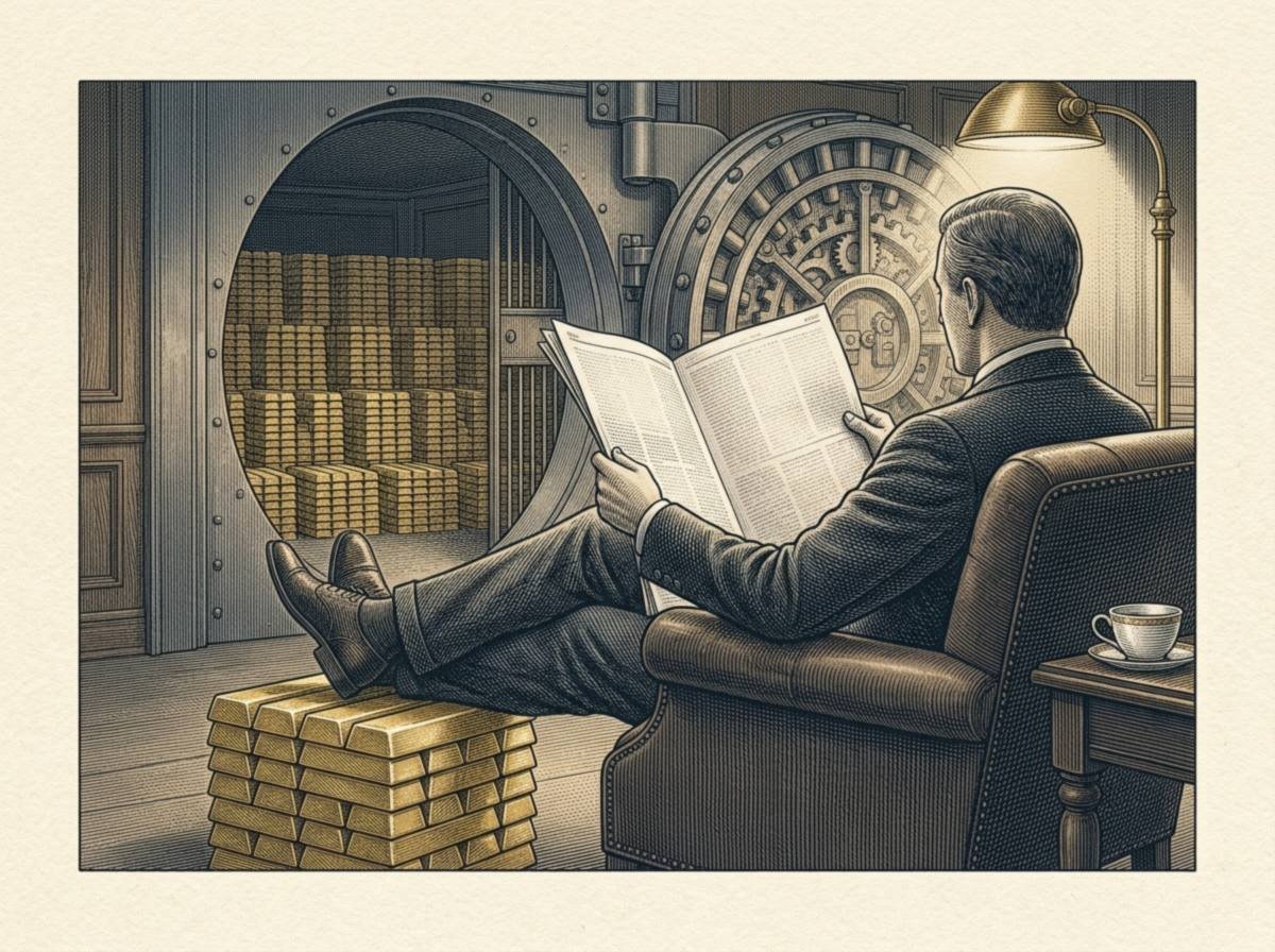 Engraving of a central bank official in a three-piece suit reclining in a leather armchair, reading a newspaper with his feet up on a footstool made of stacked gold bars, with rows of gold stacked inside an open vault behind him.