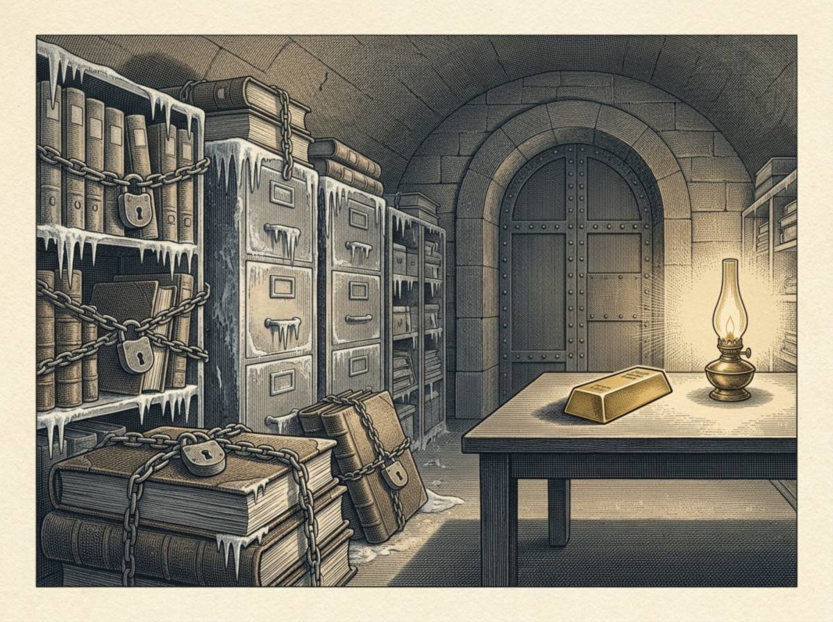 Engraving of a stone vault where filing cabinets and stacks of ledgers on the left are wrapped in chains and padlocks and covered in frost and icicles, while on the right a single gold bar rests calmly on a wooden table in warm lamplight.