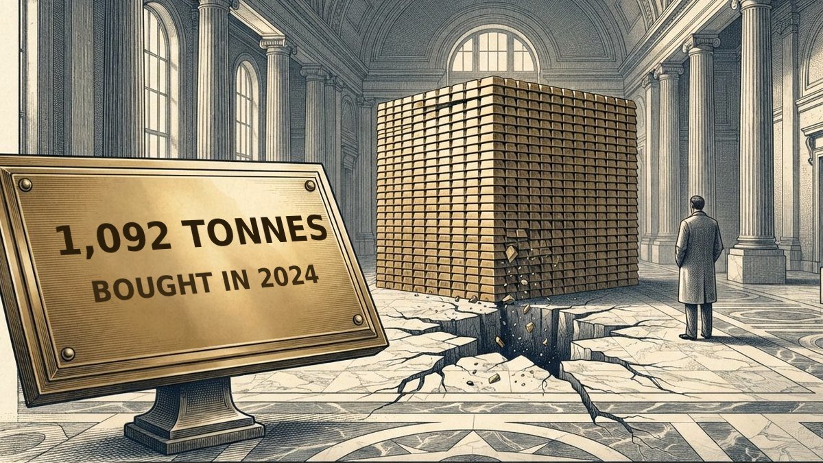 An engraving of a grand central bank hall. A solid cube of stacked gold bullion bars, taller than a man, has fractured the marble floor beneath it and sunk into the break, with bars and chips falling into the crack. A large brass museum plaque in the foreground reads 1,092 tonnes, bought in 2024.